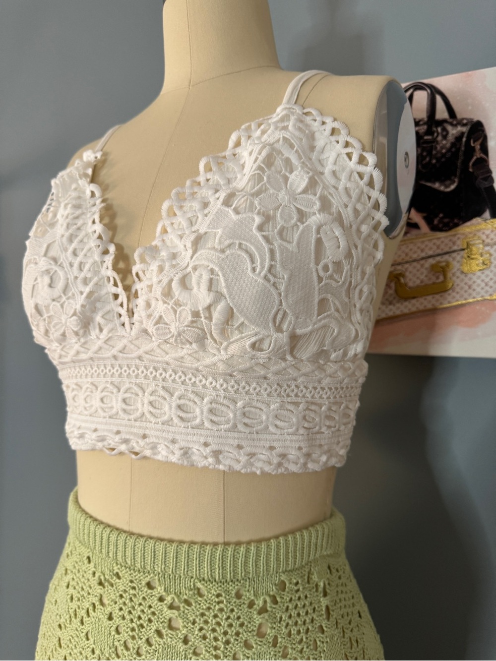 189 • White Crochet Lace Bralette Top | Flower Appliqué Bow Tie Back Top